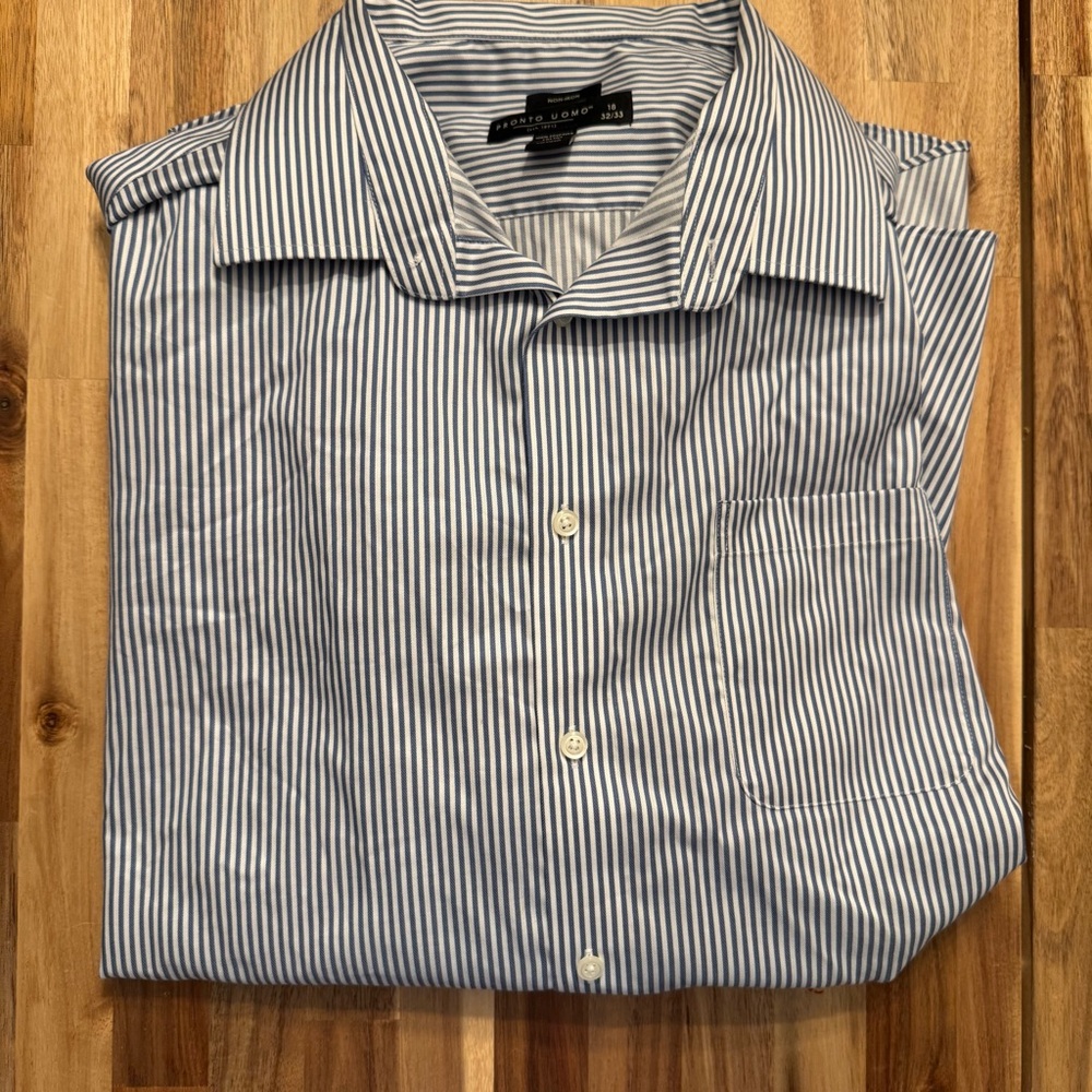 Pronto Uomo Mens Dress Shirt 18 32/33 Blue White Stripe Non-Iron Egyptian Cotton